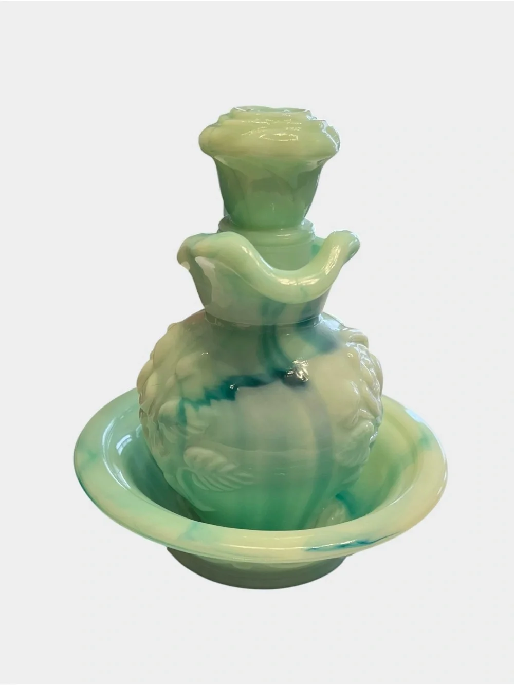 VINTAGE 1986 AVON Victorian Blue Green Milk Glass Rose Pitcher Basin Set - Picture 4 of 7